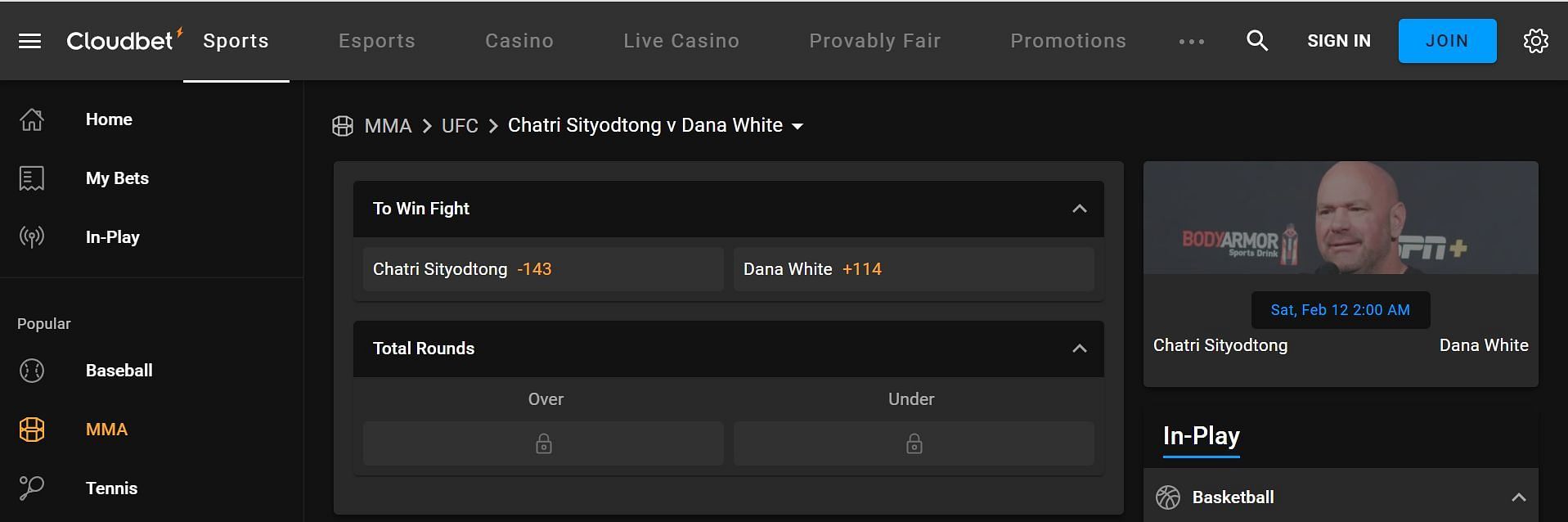 Screenshot from cloudbet.com